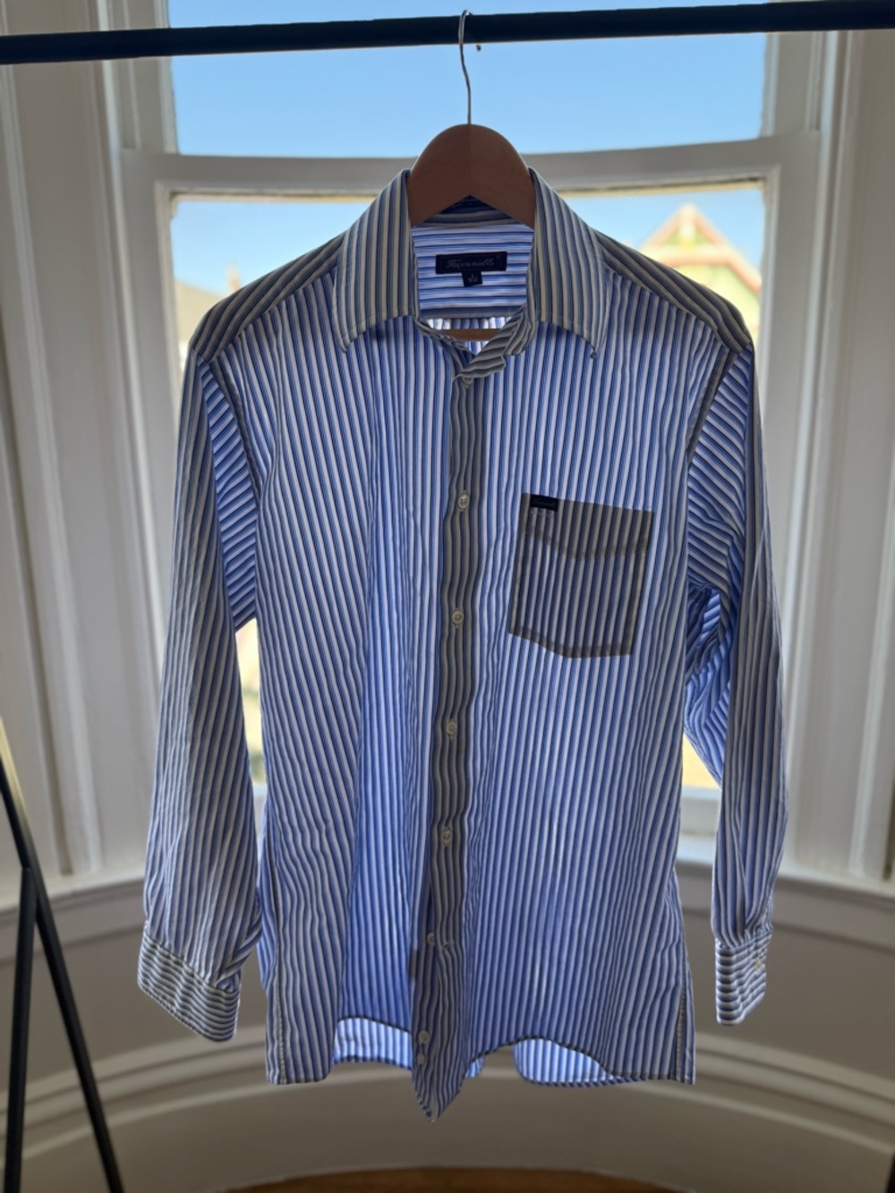 Faconnable Men's Blue and White Striped Dress Shirt
